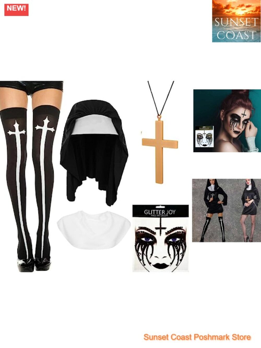 Nun Costume Accessory Set Hat Collar Necklace Stockings Tattoo
